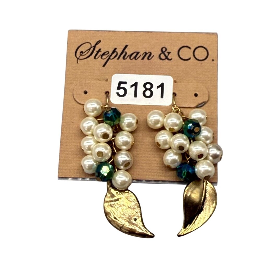 Stephan & Co. Faux Pearl Green Beaded Leaves Cluster Dangle Drop Earrings Boho